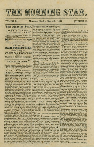 Enthält Artikel über vorgeschlagene Gesetzgebung zur Rassenmischung und Nachrichten über den Bürgerkrieg von Morning Star